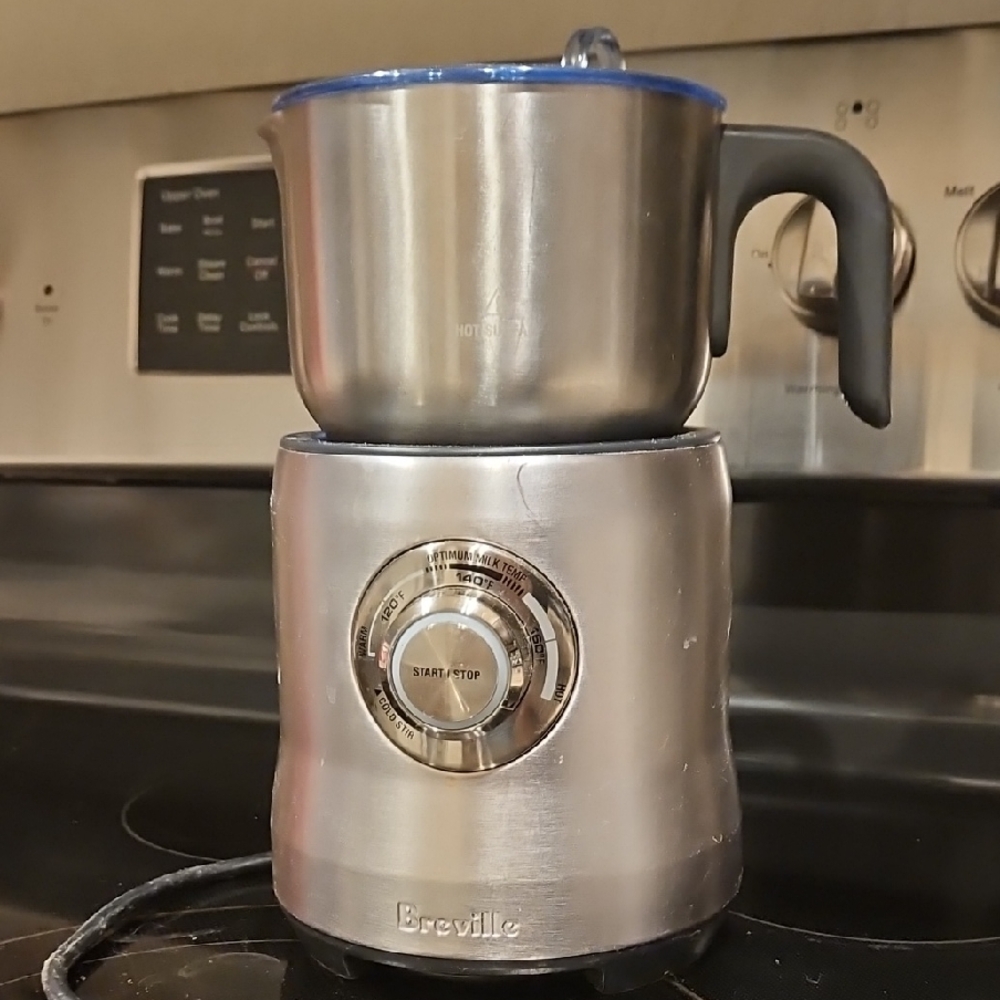 Breville Stainless Steel Milk Frother with Blue Trim and Black Handle
